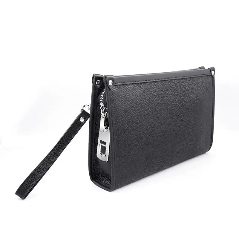 Secure men's genuine black leather business clutch featuring advanced fingerprint locking technology.