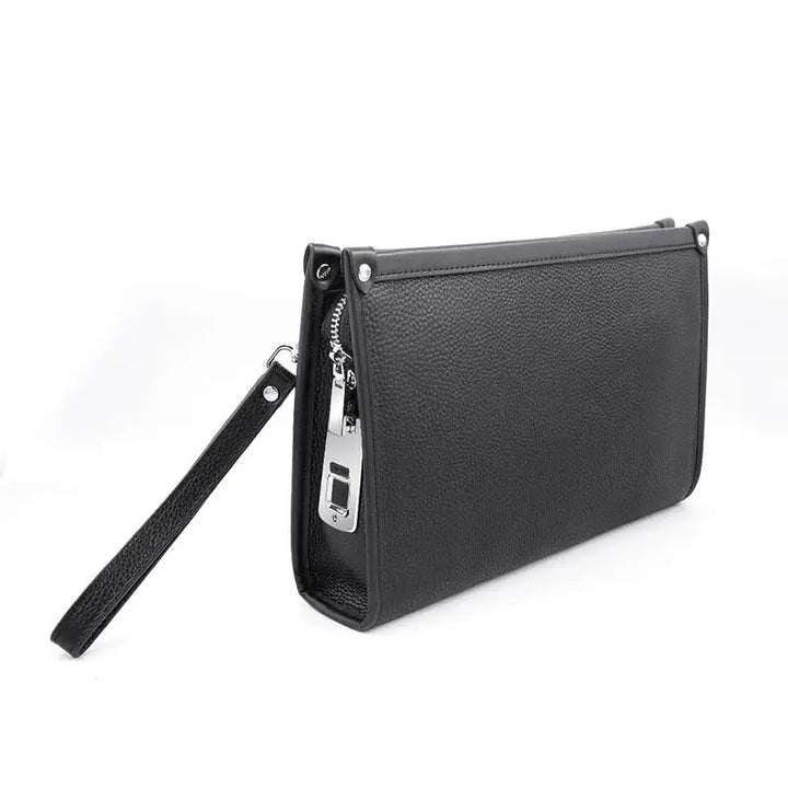 Secure men's genuine black leather business clutch featuring advanced fingerprint locking technology.