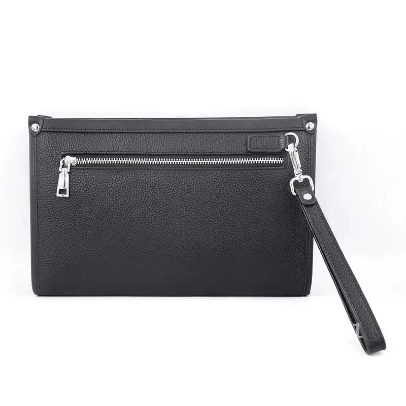 Front view of black genuine leather men's clutch, highlighting the integrated fingerprint security lock.
