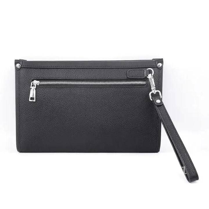 Front view of black genuine leather men's clutch, highlighting the integrated fingerprint security lock.