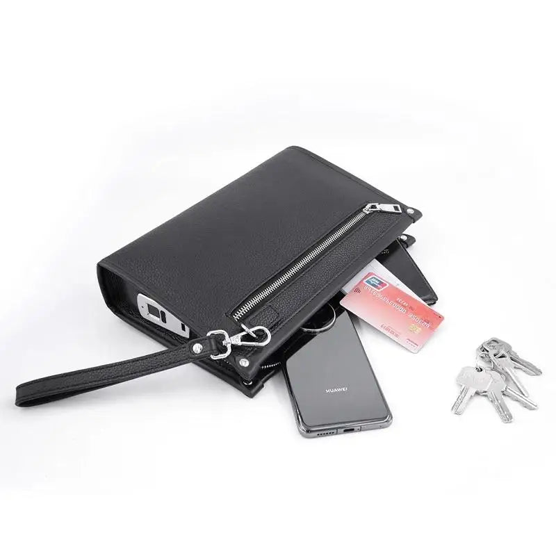 Professional men's genuine black leather business clutch, a secure accessory for daily essentials.