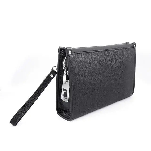 Premium genuine black leather men's clutch with fingerprint security, a sophisticated executive accessory.