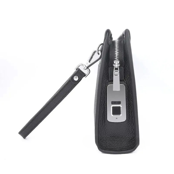 Black genuine leather men's business clutch, a secure travel pouch with fingerprint lock.