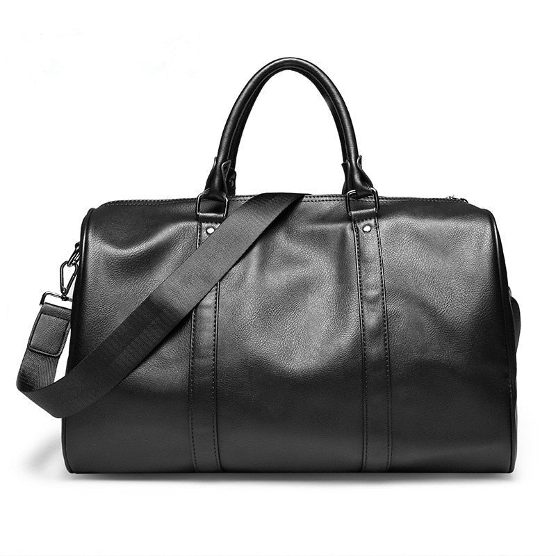 Black leather-look duffel bag, close-up texture & sturdy zipper. Unisex travel carry-on essential.