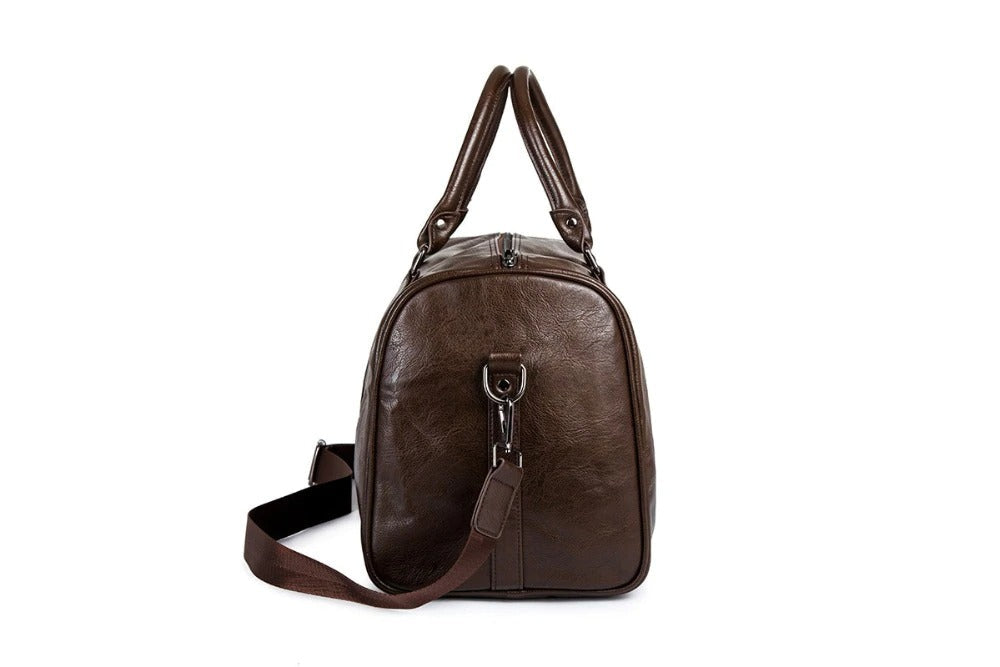 Stylish brown duffel bag for women. Roomy interior for all your weekend essentials.