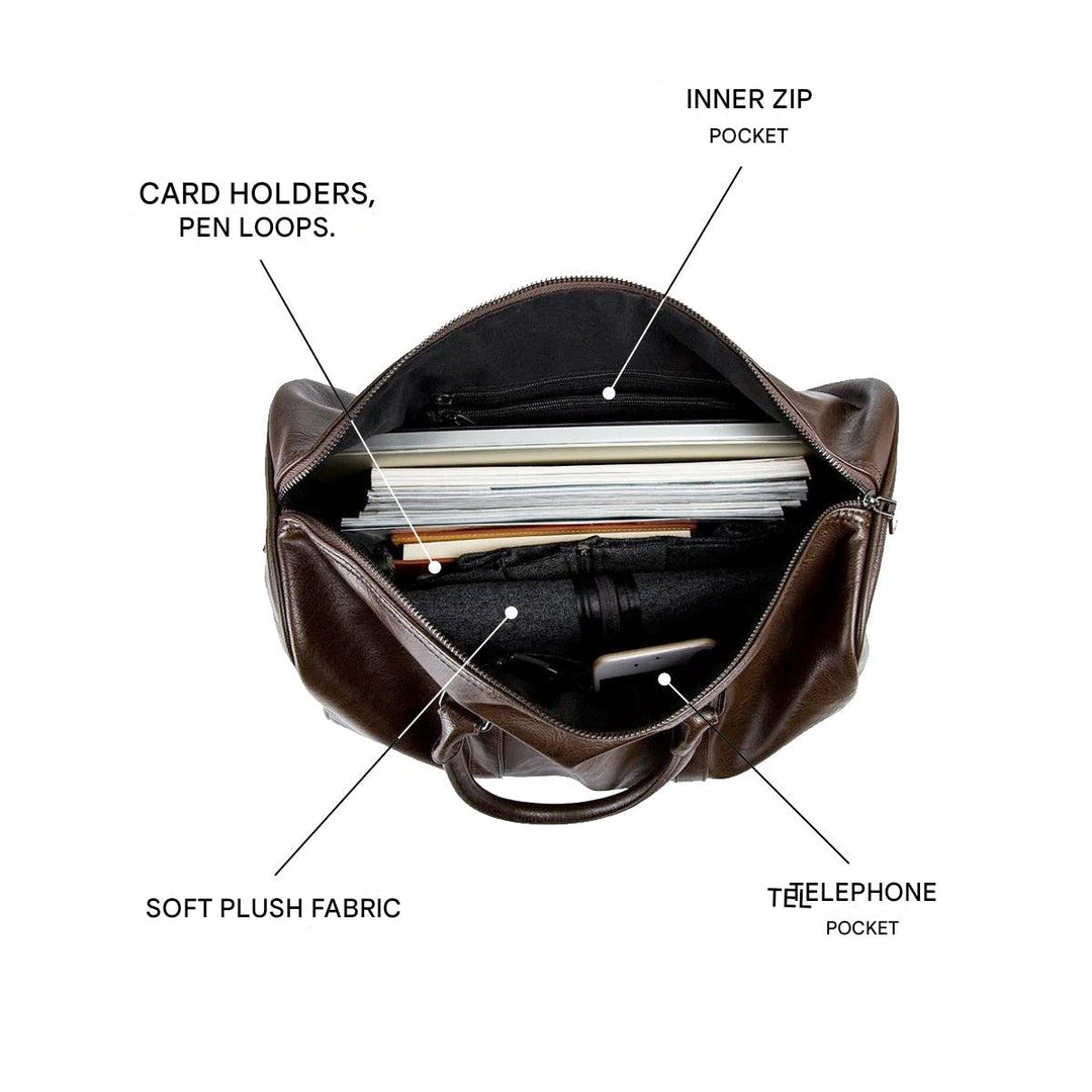 Black leather-look duffel bag. Spacious interior for packing, perfect travel essential.
