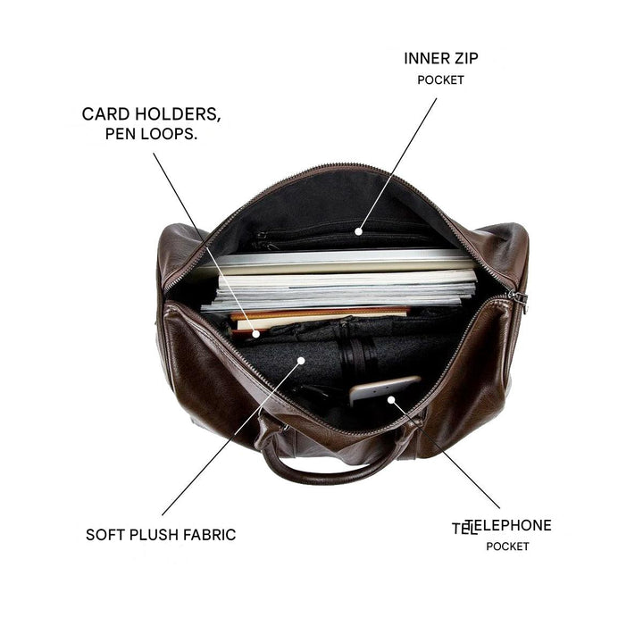 Black leather-look duffel bag. Spacious interior for packing, perfect travel essential.
