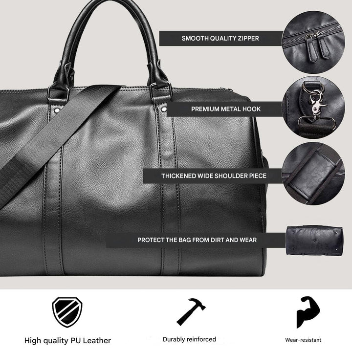 Unisex black duffel bag with shoulder strap. Perfect leather-look carry-on for weekend travel.