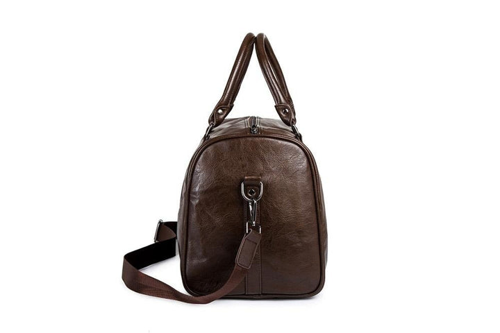 Spacious brown leather-look duffel bag. Perfect short trip carry-on, reliable option.