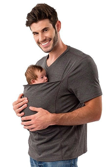 Gray unisex baby carrier t-shirt, soft fabric baby sling for hands-free comfort for new parents.