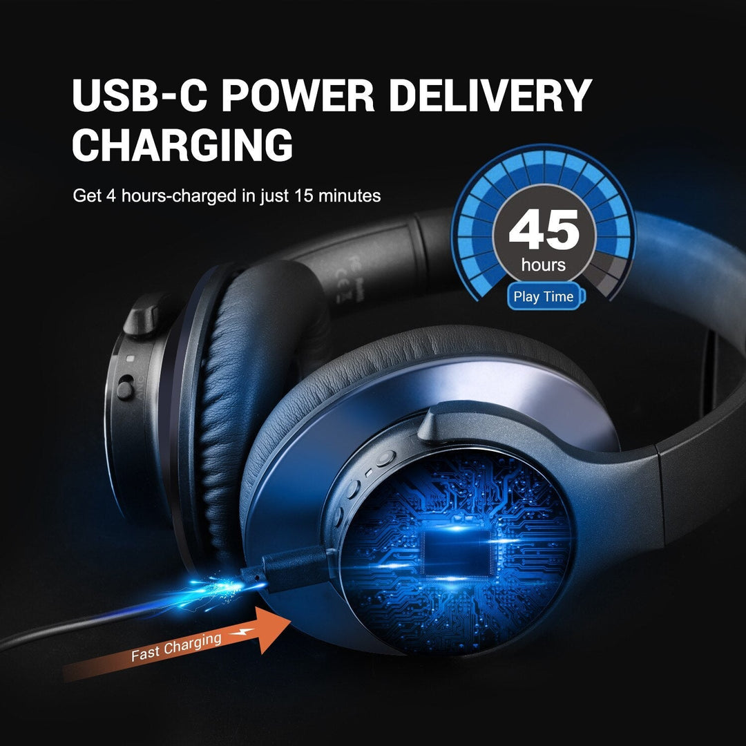 Black wireless over-ear headphones with Bluetooth and hybrid active noise cancellation, featuring memory foam earcups and USB