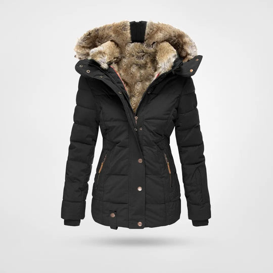 Black women's waterproof winter jacket with hood, fleece lining, four pockets, high collar, ideal for cold weather.