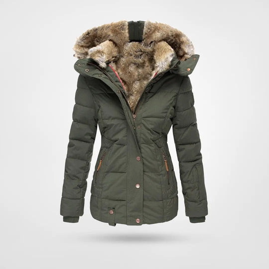 Black women's waterproof winter jacket with hood, fleece lining, four pockets, high collar, ideal for cold weather.