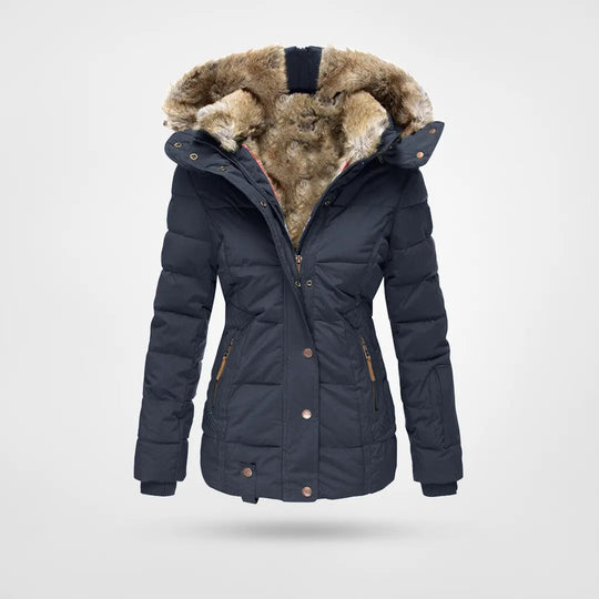 Black women's waterproof winter jacket with hood, fleece lining, four pockets, high collar, ideal for cold weather.