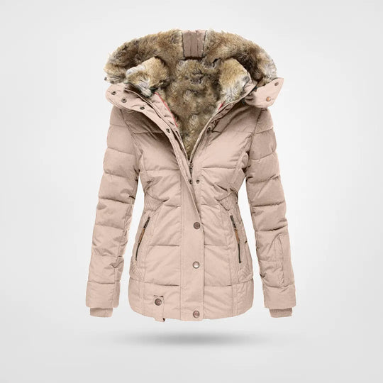 Black women's waterproof winter jacket with hood, fleece lining, four pockets, high collar, ideal for cold weather.