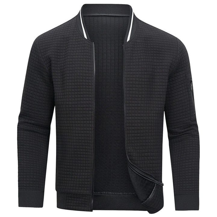 Men's stylish quilted zip-up bomber jacket for fall. Features ribbed collar & comfortable fit.
