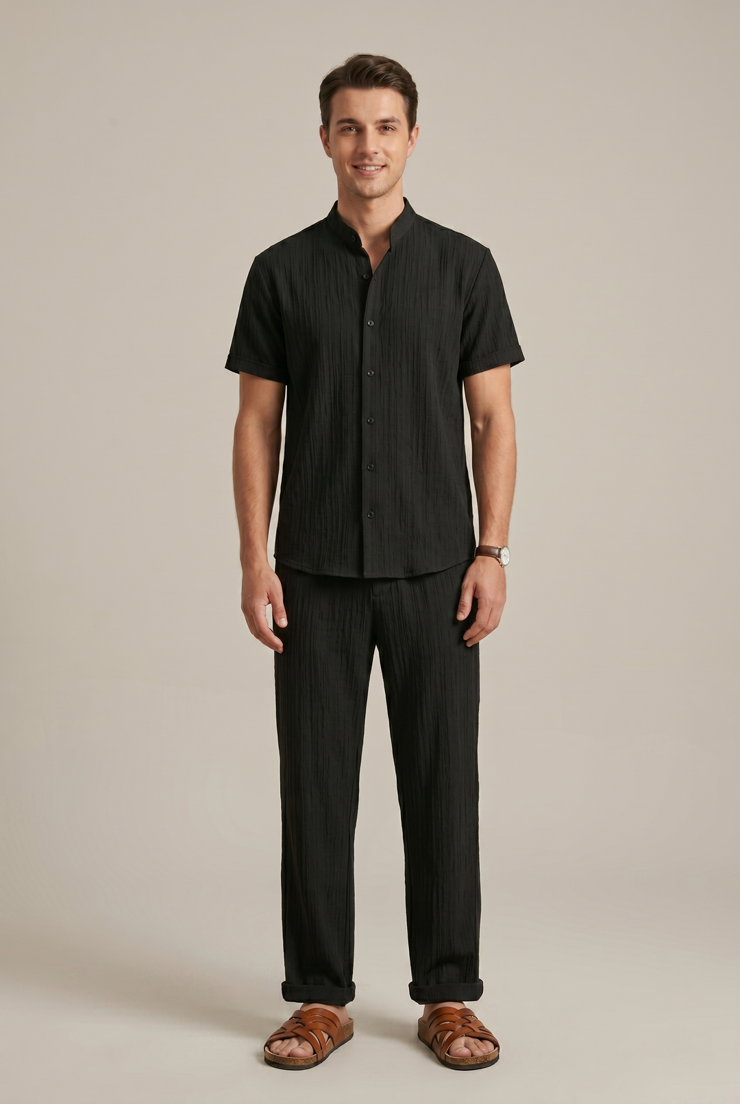 Men's relaxed striped two-piece coordinated set, featuring a short sleeve shirt & comfortable trousers for casual wear.