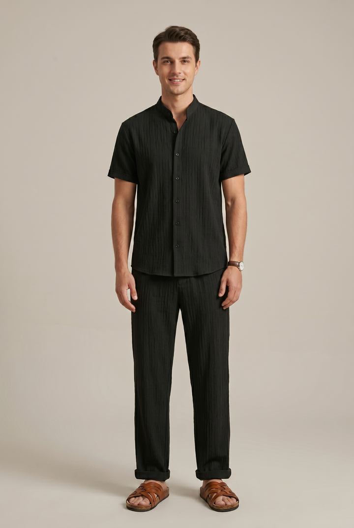 Men's relaxed striped two-piece coordinated set, featuring a short sleeve shirt & comfortable trousers for casual wear.
