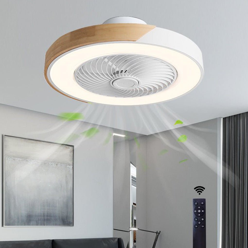 "Bladeless ceiling fan light with remote, sleek circular design, integrated LED, suitable for modern and farmhouse decor."
