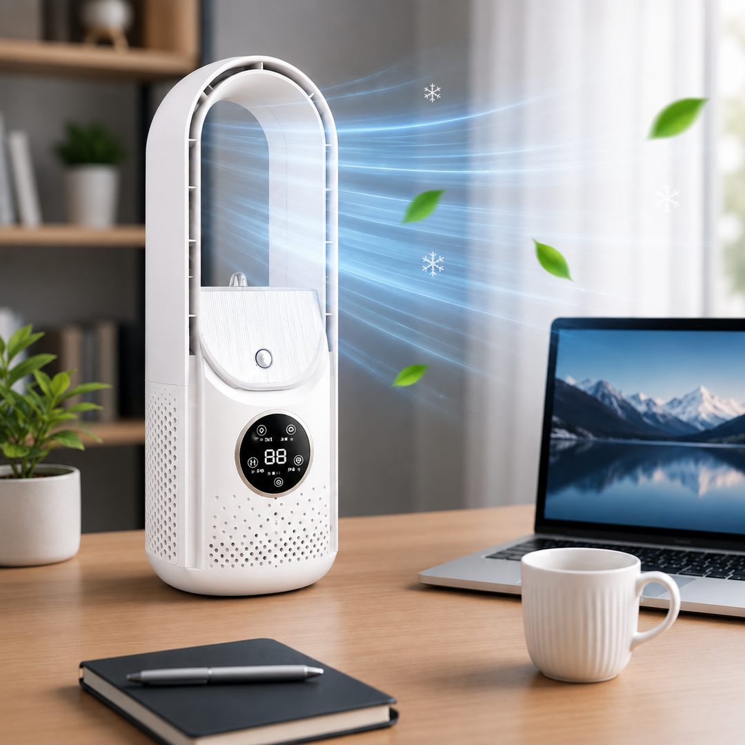 Bladeless Portable Air Cooler, quiet & compact personal fan for desk, home, or office comfort.