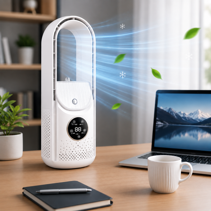Bladeless Portable Air Cooler, quiet & compact personal fan for desk, home, or office comfort.