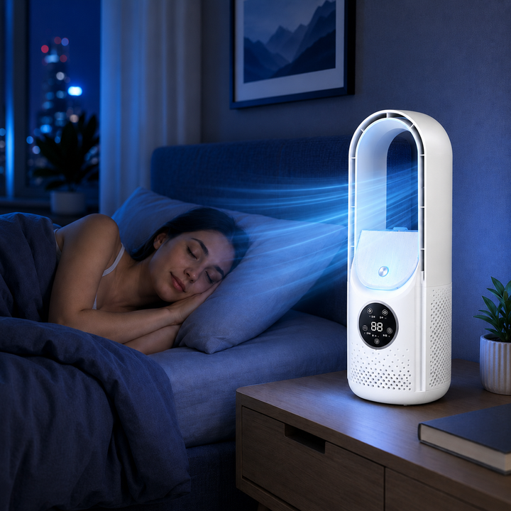 Modern bladeless portable air conditioner, perfect for compact, quiet home or office use.