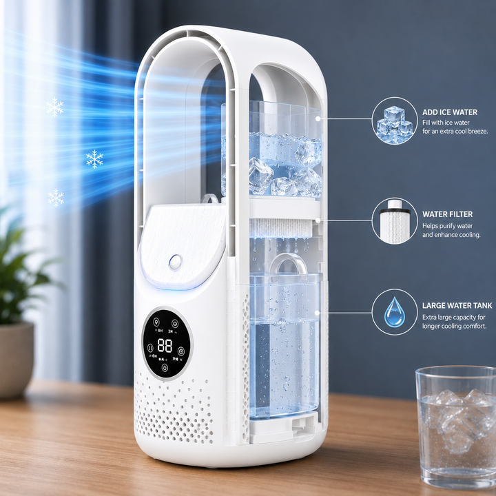 Compact bladeless air cooler, ideal for quiet, personal comfort in small spaces like offices.