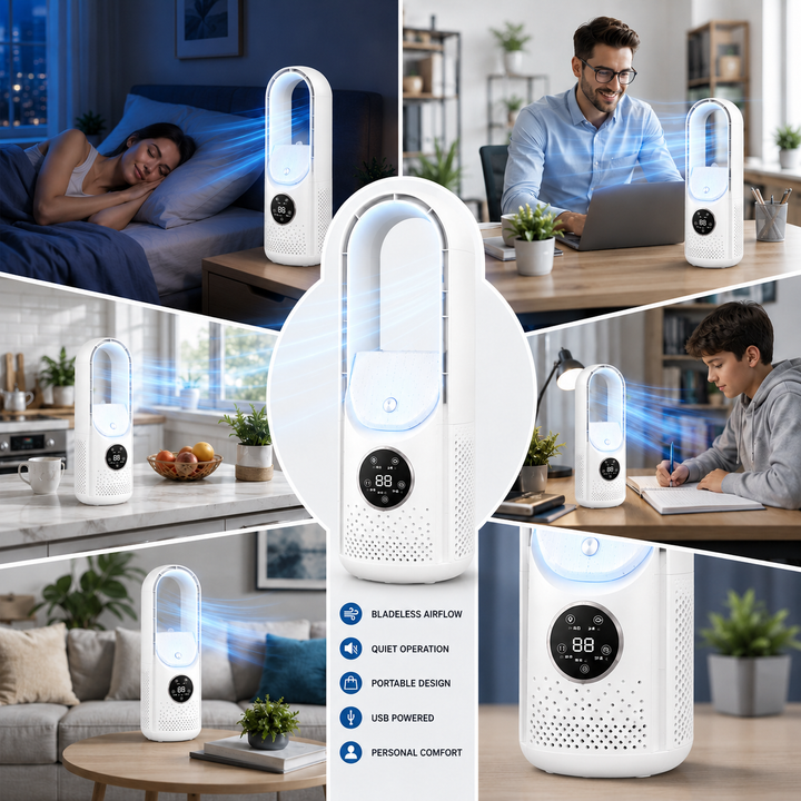 Bladeless portable fan, a quiet summer essential for efficient, compact home cooling.