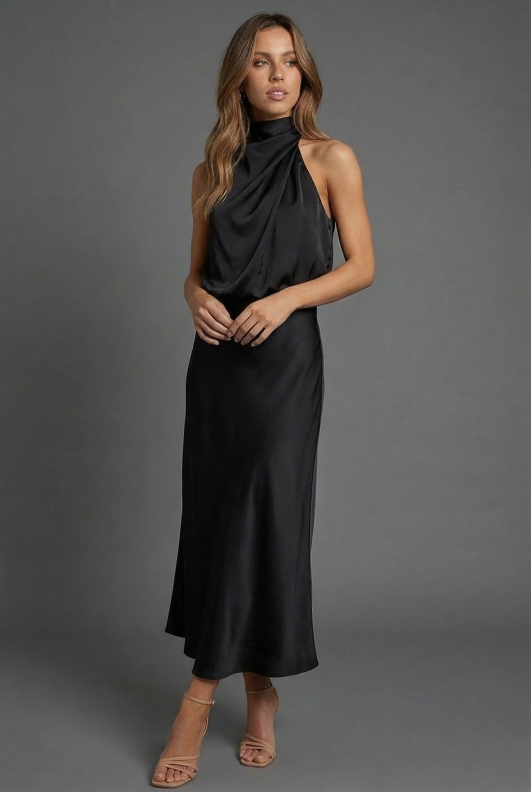 Party-ready halter neck midi dress, elegant choice for summer special occasions.