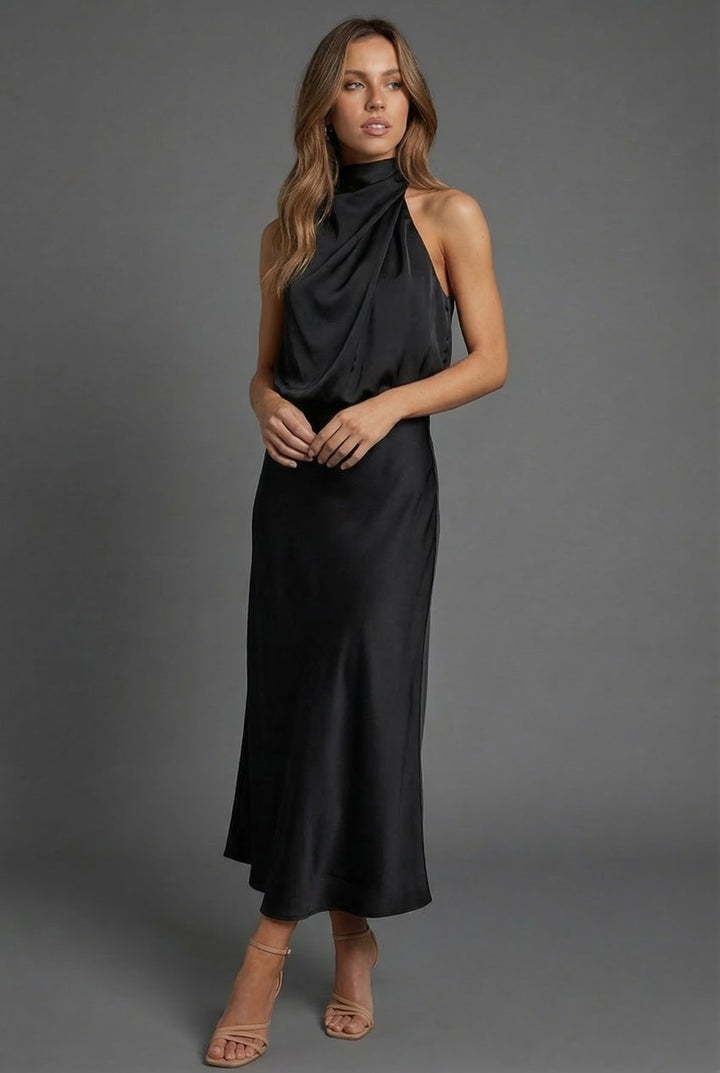 Party-ready halter neck midi dress, elegant choice for summer special occasions.
