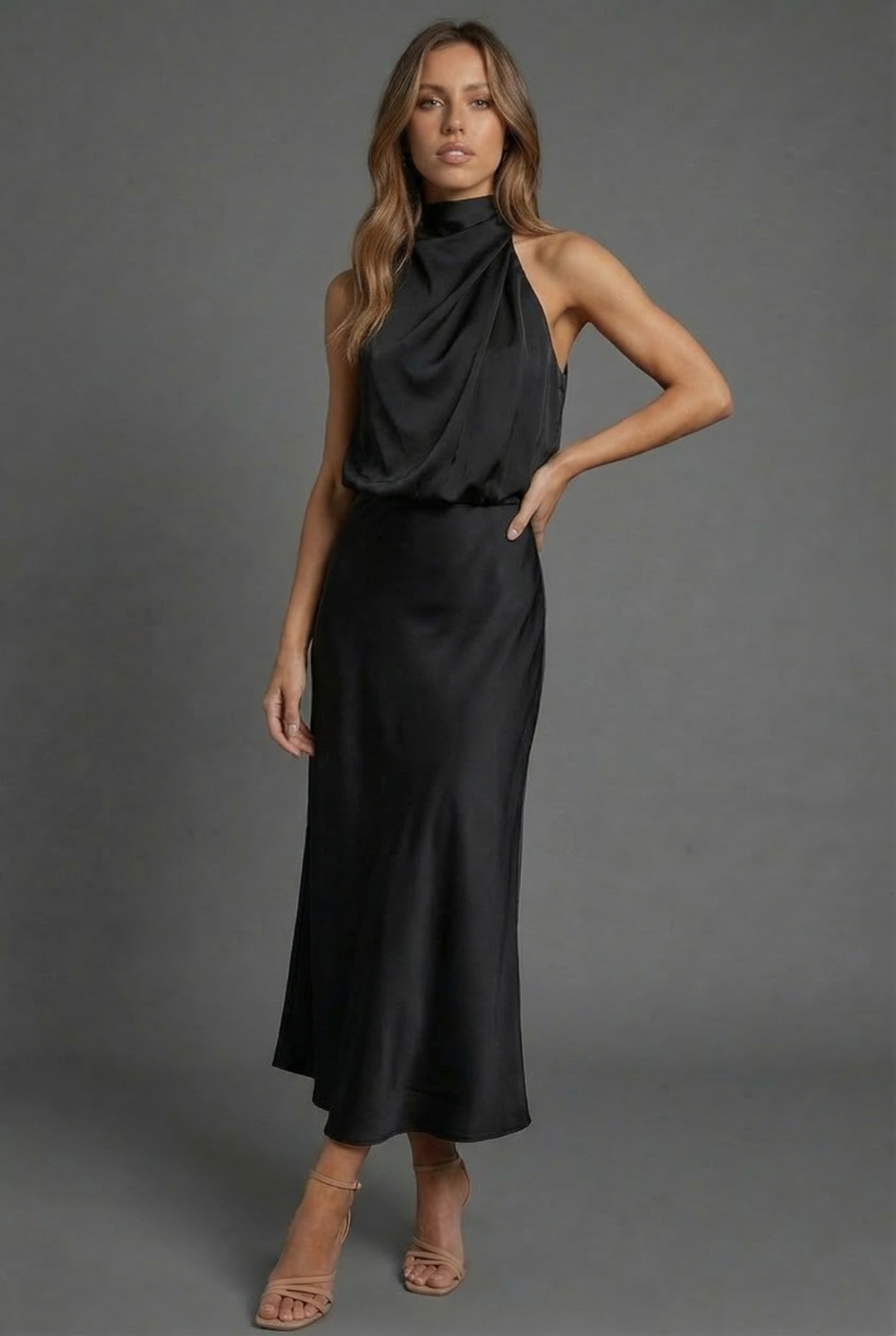 Formal halter neck wedding guest midi dress for women, stylish & comfortable.