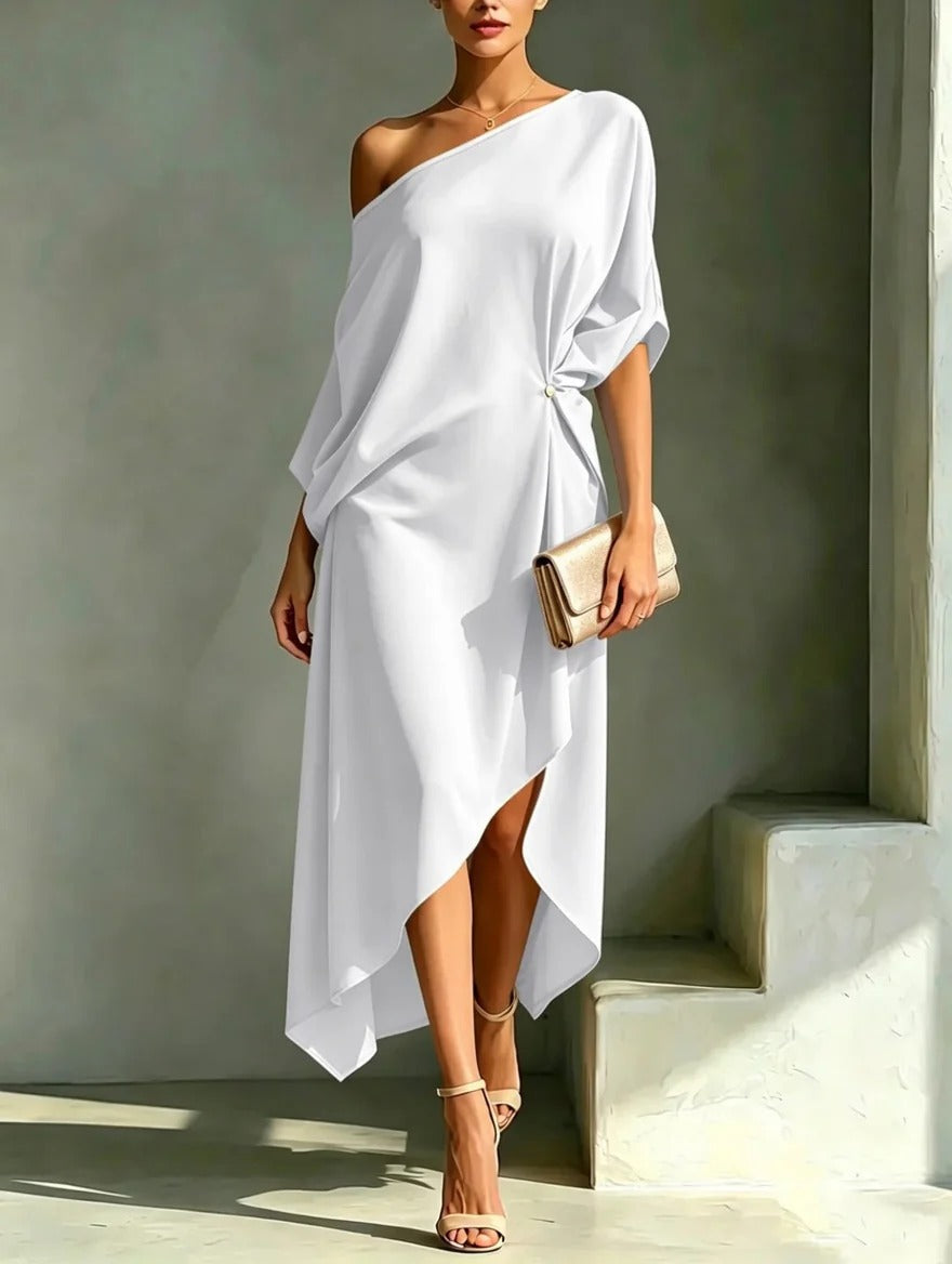 Flowy yellow one-shoulder asymmetrical maxi dress, elegant & chic for women, suitable for sophisticated evening wear.