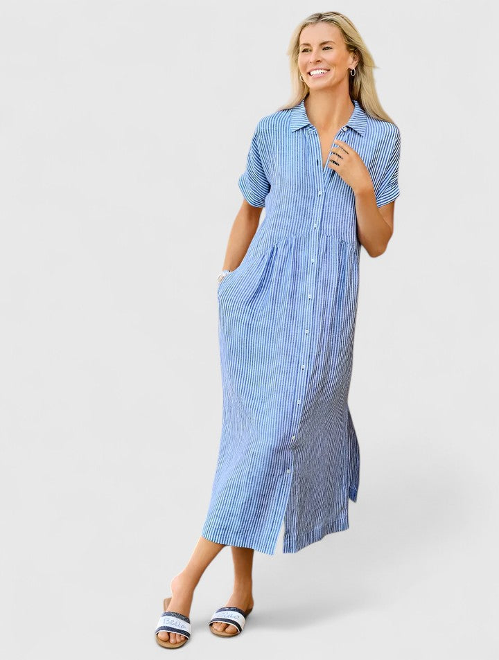 Comfortable women's midi dress with stylish vertical stripes, great for casual and everyday fashion.