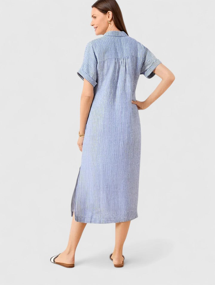 Flattering women's vertical stripe midi dress, designed for comfortable, elegant everyday wear.