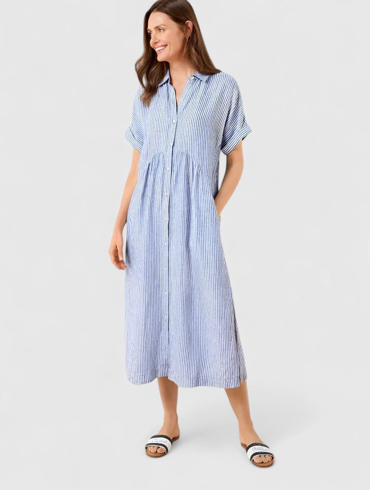 Plus size women's comfortable vertical stripe midi dress, offering versatile, flattering casual style.