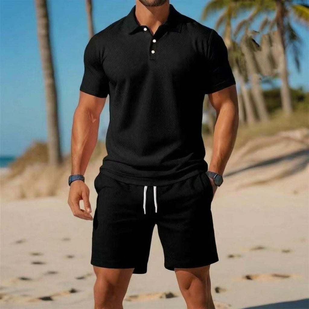 Men's casual polo shirt & shorts matching set, solid color. Effortless summer style, perfect for leisure wear.