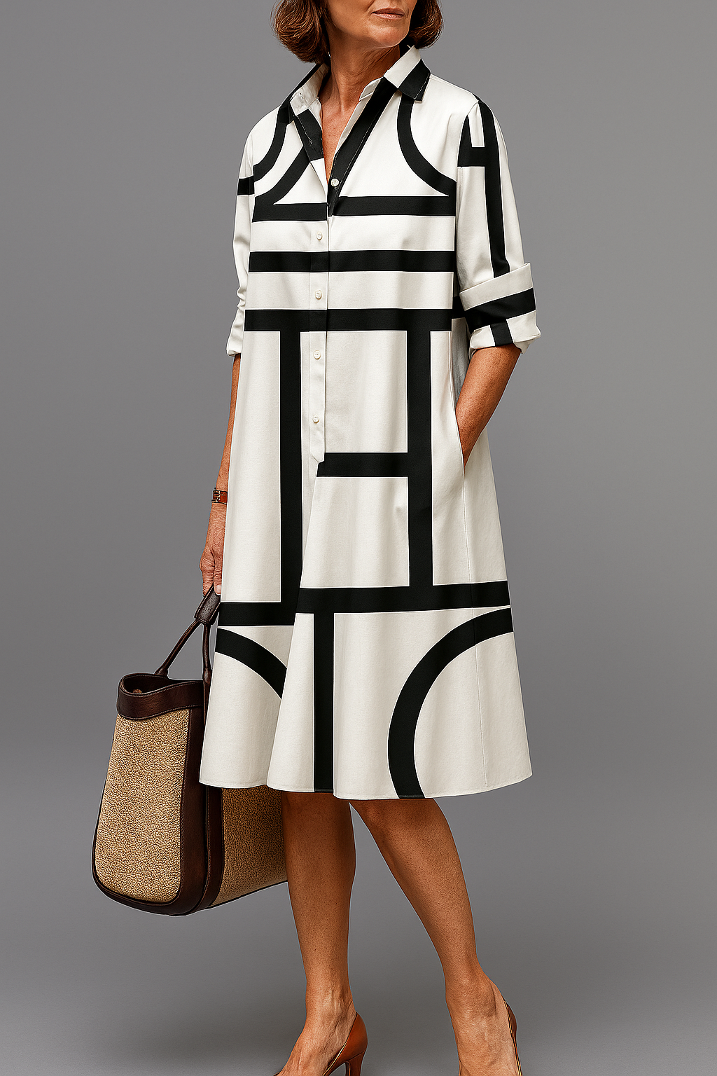 Elegant women's flowy midi dress, comfortable & stylish for summer & spring casual fashion.