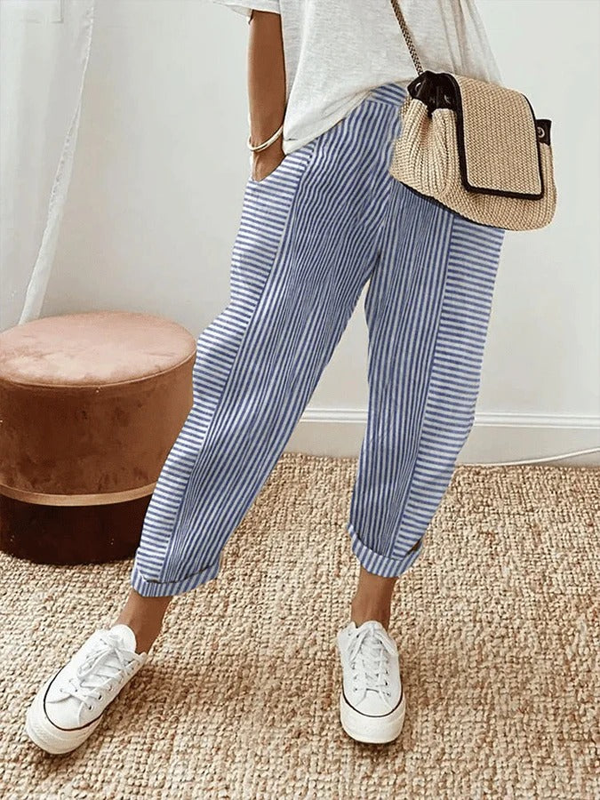 Stylish women's relaxed fit striped trousers. Comfortable bottoms, perfect for casual everyday wear.