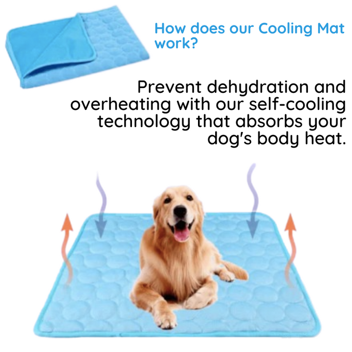 "Blue dog cooling mat, foldable and portable, offers instant cooling, waterproof, and safe for indoor and outdoor use."