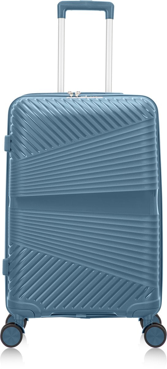 Blue hard shell Amalfi suitcase for secure, organized travel. Durable luggage with spinner wheels & TSA lock.