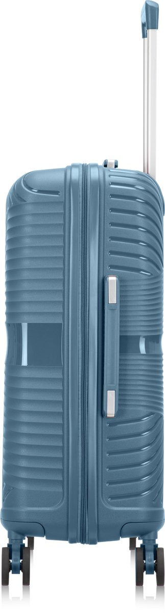 Stylish blue hard shell travel luggage, Amalfi model, perfect for holidays & organized packing.