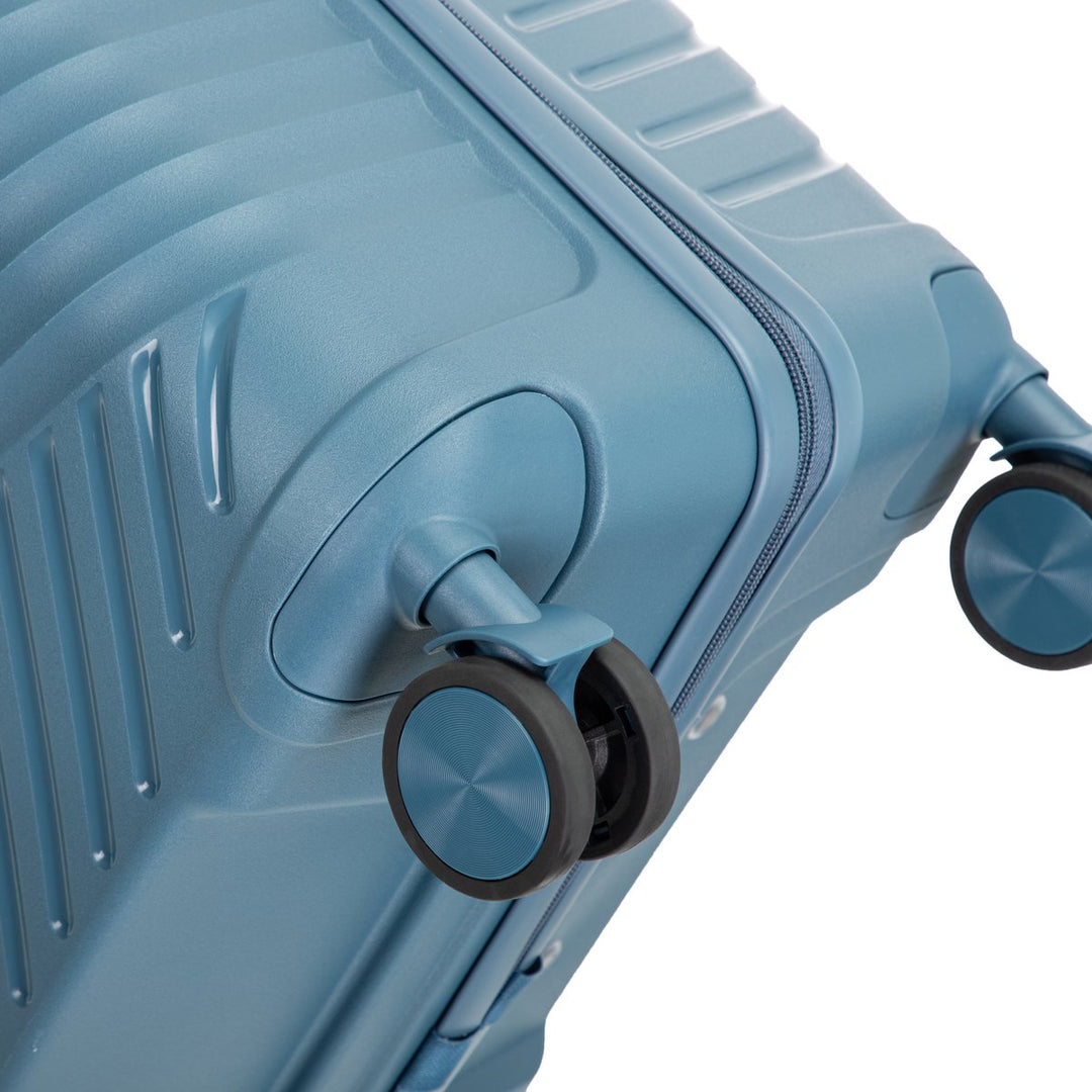 Blue hard shell Amalfi suitcase. Organized travel luggage with durable design and smooth spinner wheels for holidays.
