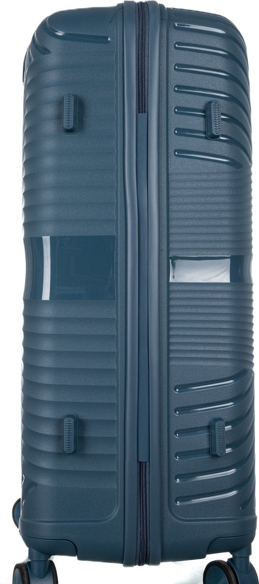 Smooth-gliding blue hard shell Amalfi suitcase with spinner wheels, durable for all your organized travel needs.