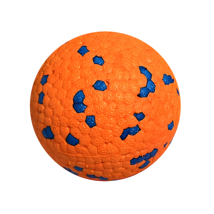 Smart rechargeable interactive dog toy ball for pet exercise & boredom relief. Blue & orange design.