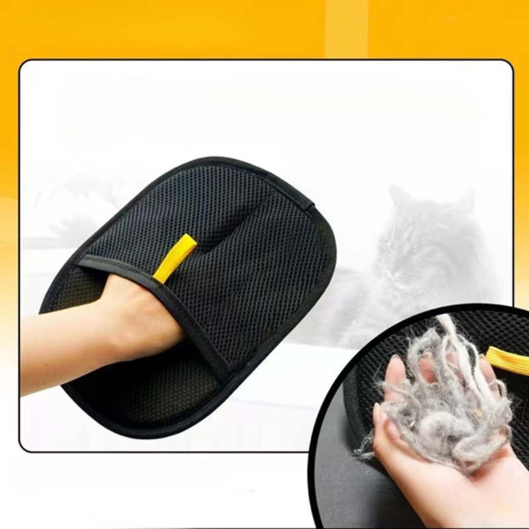 "Blue pet hair removal glove on a hand, designed for easy cleaning, suitable for men and women, eco-friendly, reusable."