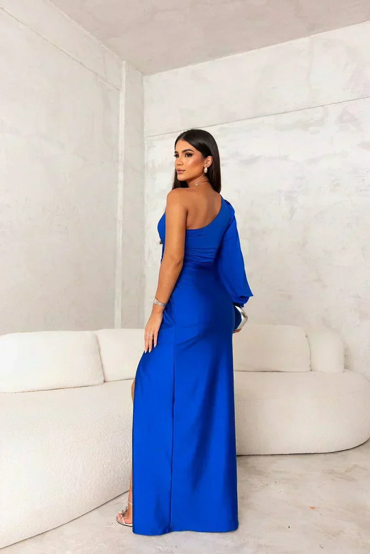 Asymmetrical one-shoulder formal dress for women, long maxi length, elegant for special occasions.