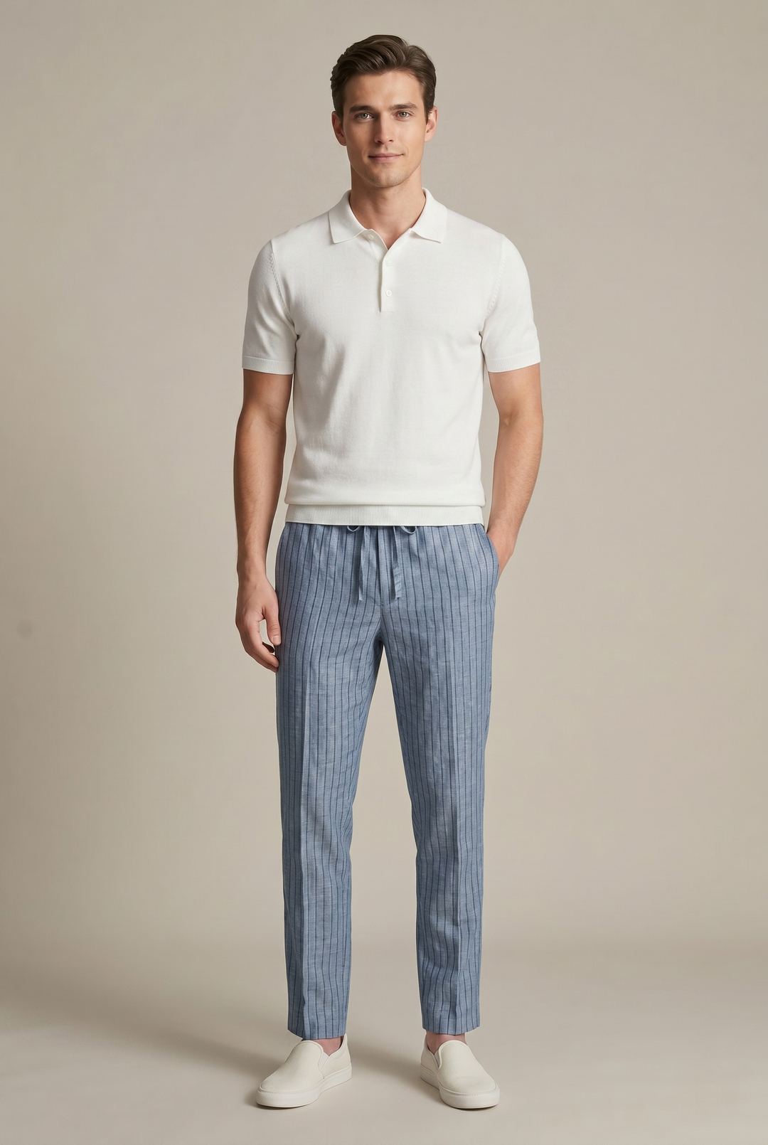 Versatile men's pinstripe tapered trousers, smart casual workwear for spring summer, with a comfortable elastic waist.