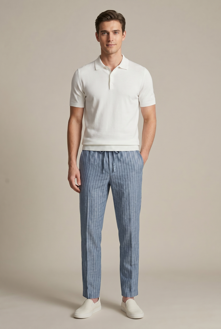 Versatile men's pinstripe tapered trousers, smart casual workwear for spring summer, with a comfortable elastic waist.