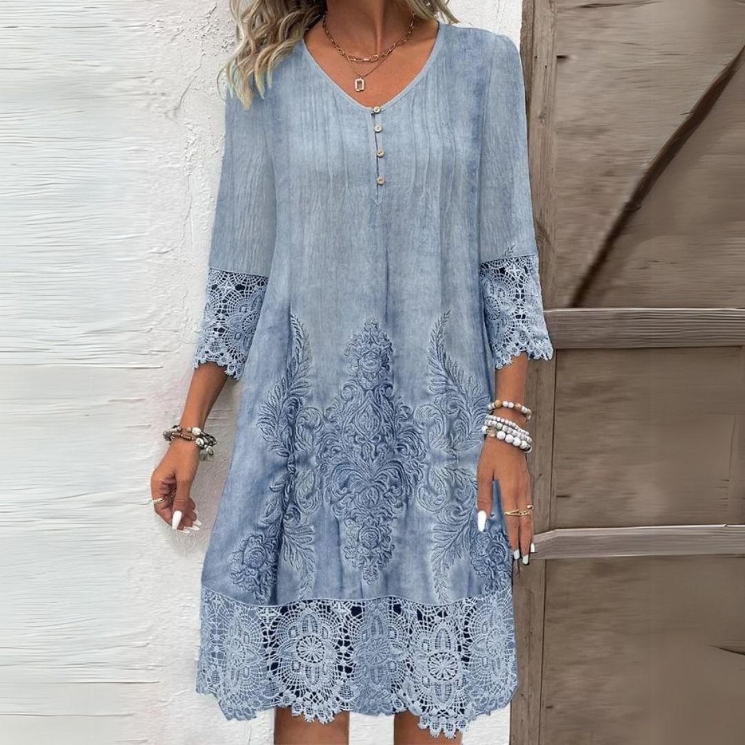 Elegant women's V-neck embroidered midi dress with three-quarter sleeves, perfect for spring & summer casual wear.
