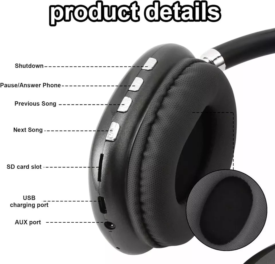 "Bluetooth headphones with HiFi stereo, noise cancelling, over-ear design, soft cushioning, and sleek black finish."
